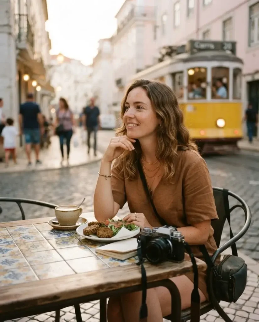 Female solo traveler with a camera sitting at a small vegan cafe in the Chiado district of Lisbon, Portugal, at sunset