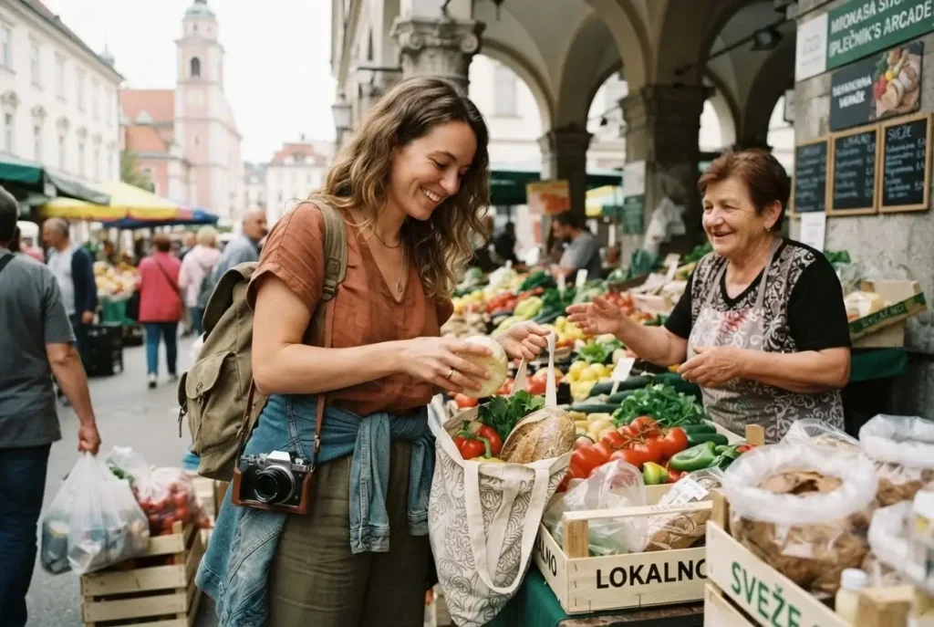 Solo traveler filling a cloth tote with fresh bread and produce at Ljubljana Central Market, Slovenia