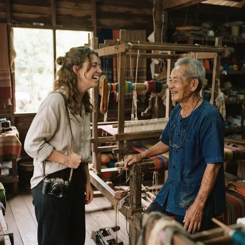 A warm, candid photograph of a female traveler in earthy-toned linen clothes interacting joyfully with an elderly local artisan inside a traditional craft workshop.