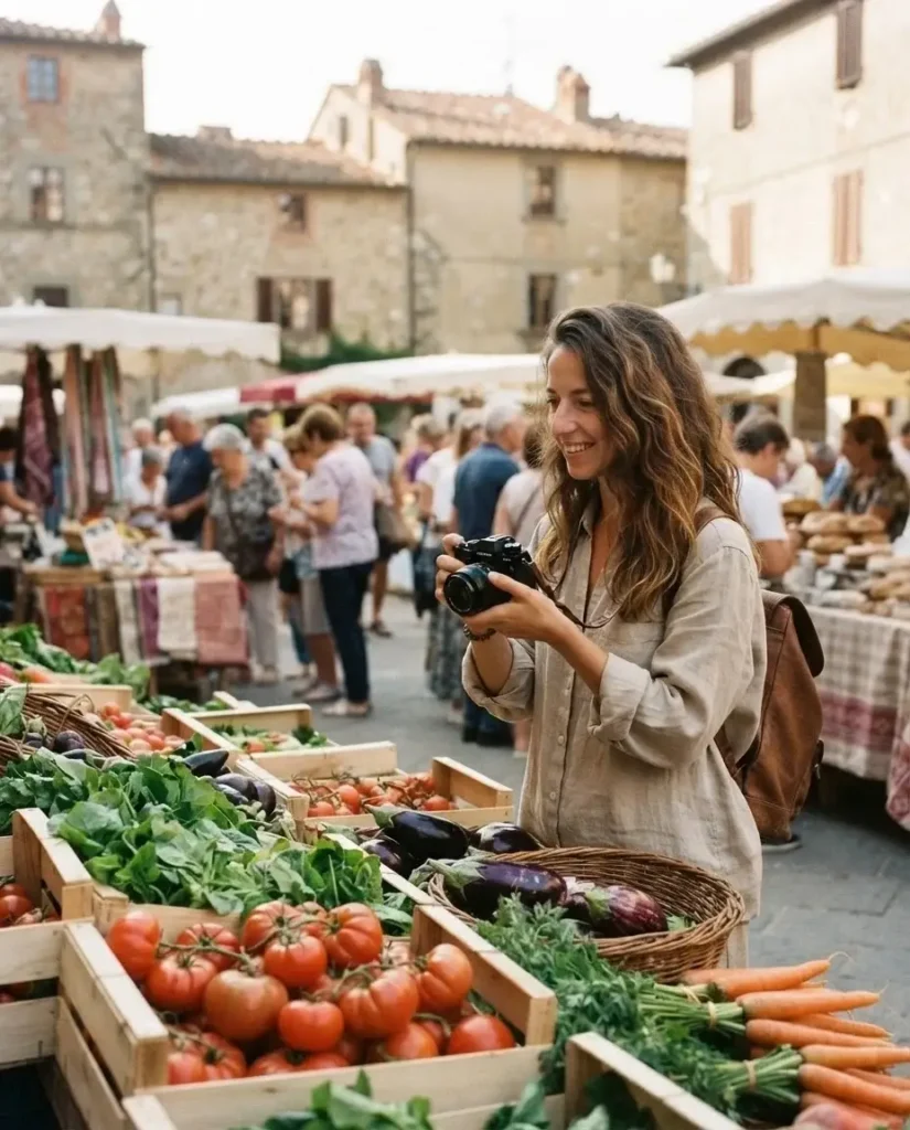 A female traveler with a mirrorless camera shopping for fresh fruits and vegetables at a colorful, authentic local European farmers market.