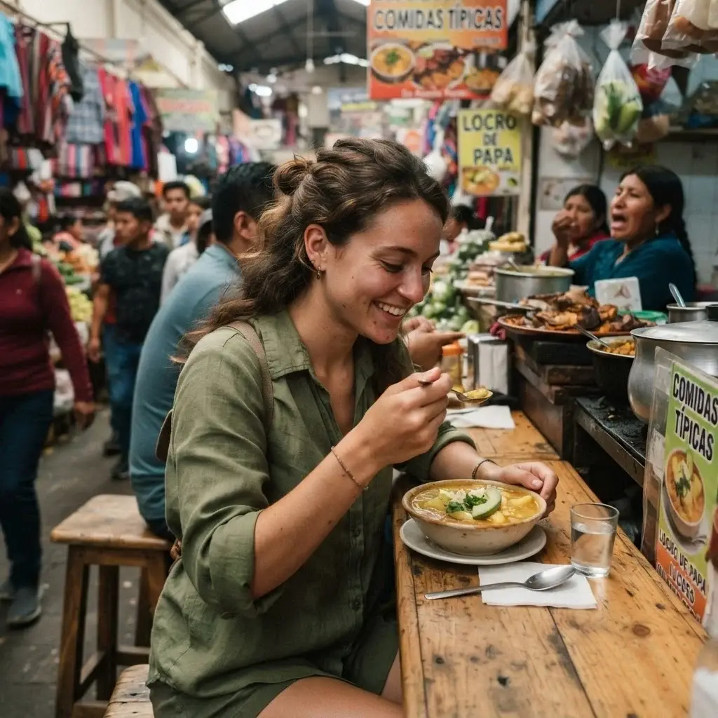 An authentic, candid shot of Emma Collins sitting at a busy Quito local market stall, enjoying a warm bowl of traditional locro de papa soup.