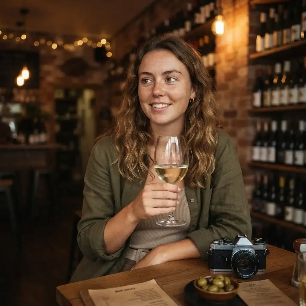 A candid shot of a solo traveler at a cozy, rustic wine bar in Christchurch, holding a glass of local Canterbury white wine, highlighting authentic New Zealand culinary experiences.