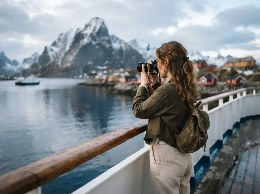 Solo traveler photographing red fishing cabins and sharp peaks from the Bodo to Moskenes ferry in the Lofoten Islands, Norway