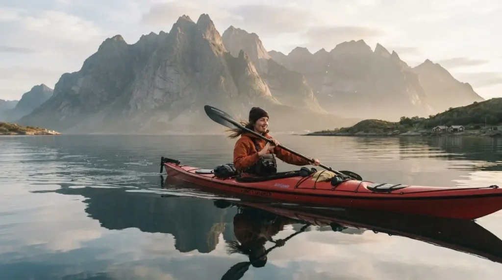 Woman kayaking through calm fjord waters in Lofoten, Norway, beneath dramatic mountain peaks under the midnight sun.