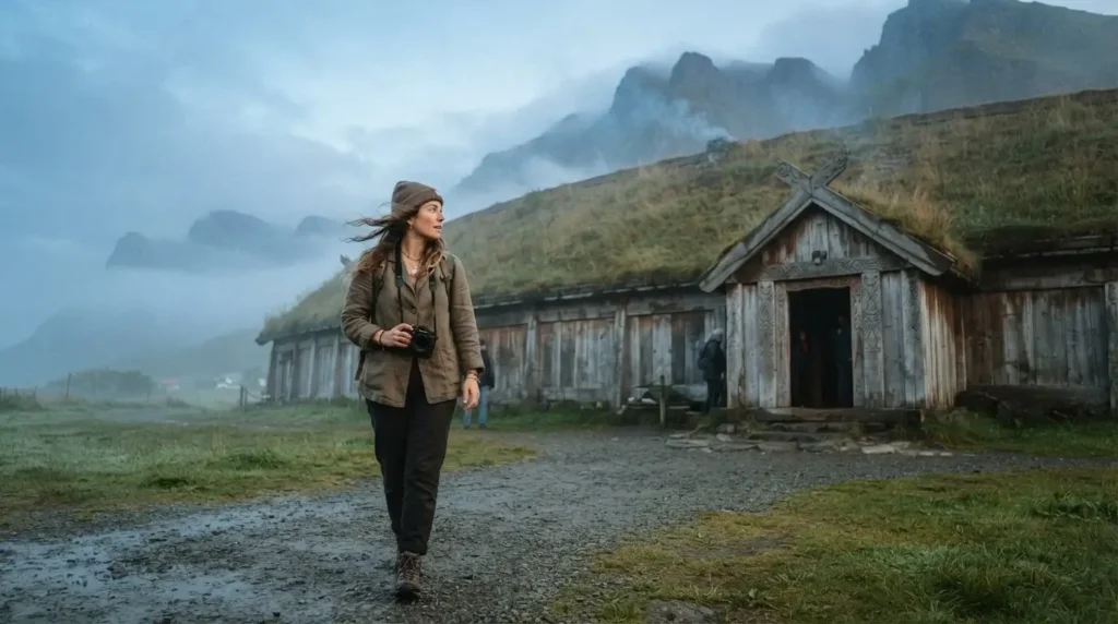 Reconstructed Viking longhouse at Lofotr Viking Museum in the Lofoten Islands, Norway, misty morning light over the fjord