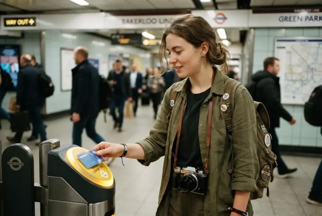 Young solo traveler tapping a contactless card at a London Underground ticket gate, Tube station, England