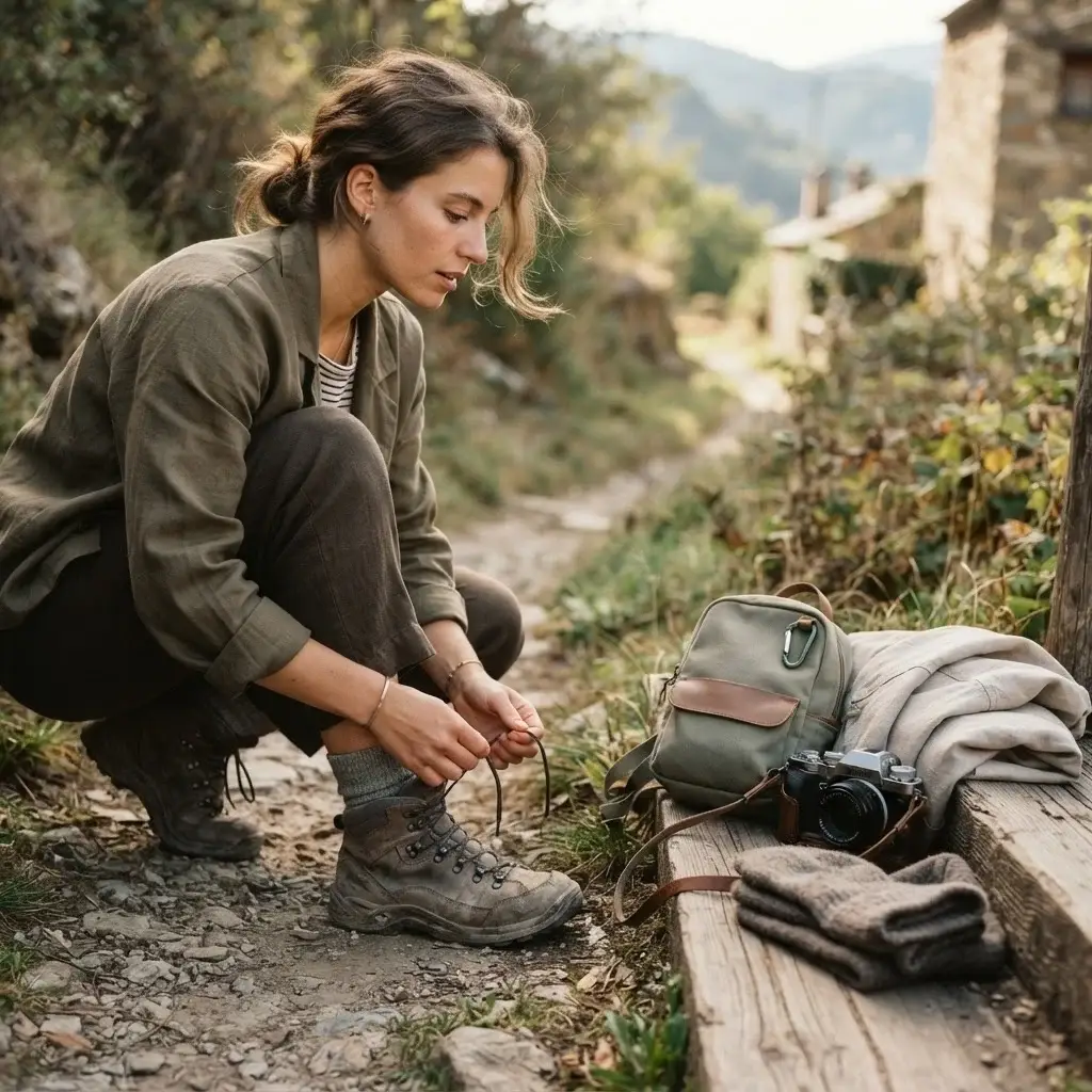 A candid close-up of a female traveler lacing up well-worn hiking boots beside a light daypack and mirrorless camera on a European trail, with woolen hiking socks and a linen jacket nearby.