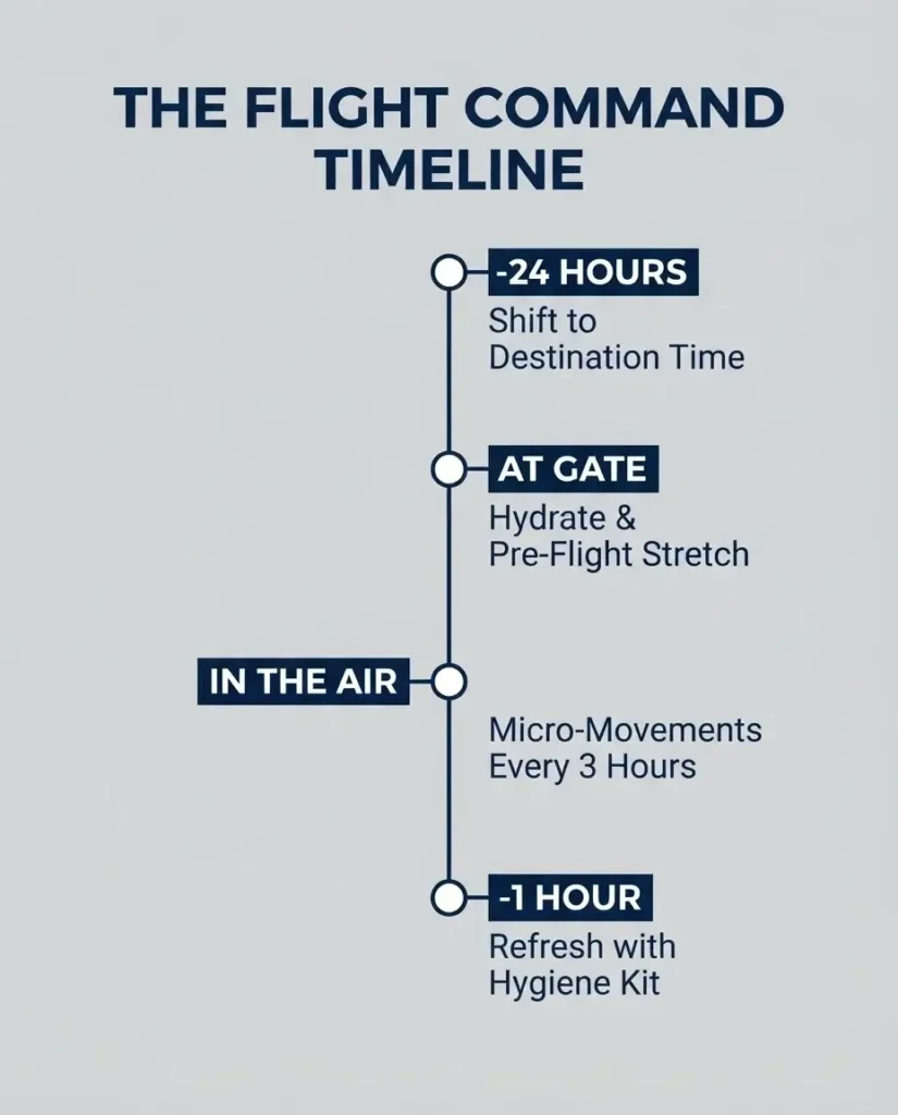 A vertical minimalist timeline infographic mapping out a step-by-step traveler routine from 24 hours before departure through landing.