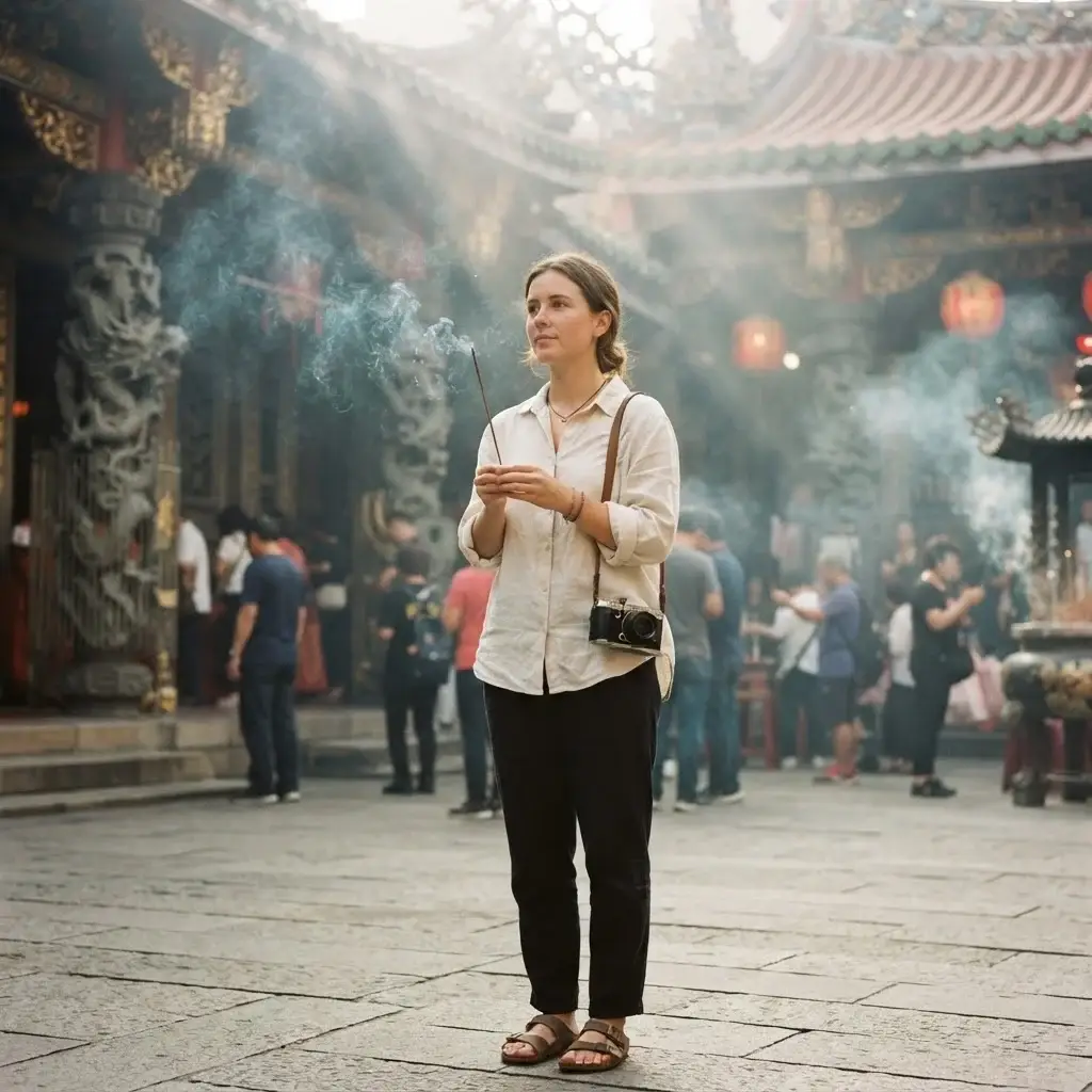 A 20-something female solo traveler with natural brown hair standing in the atmospheric, smoke-filled courtyard of Longshan Temple in Taipei.