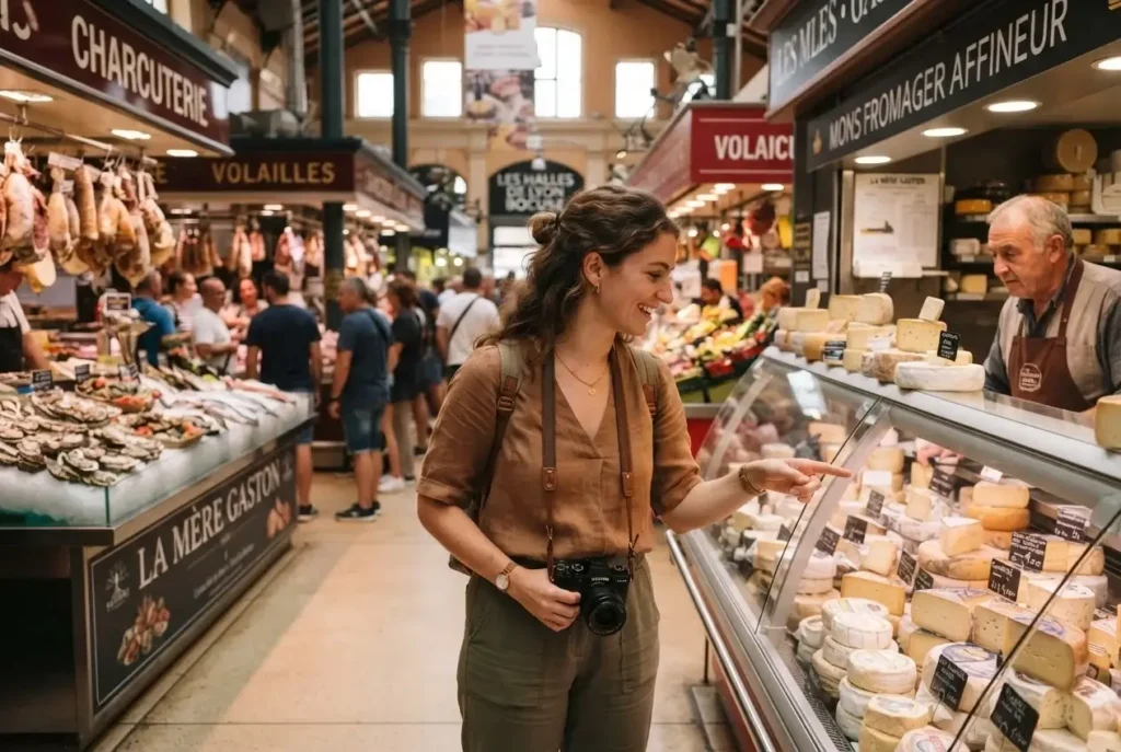 Fresh cheese, seafood, and produce stalls inside Les Halles de Lyon Paul Bocuse indoor food market in Lyon, France