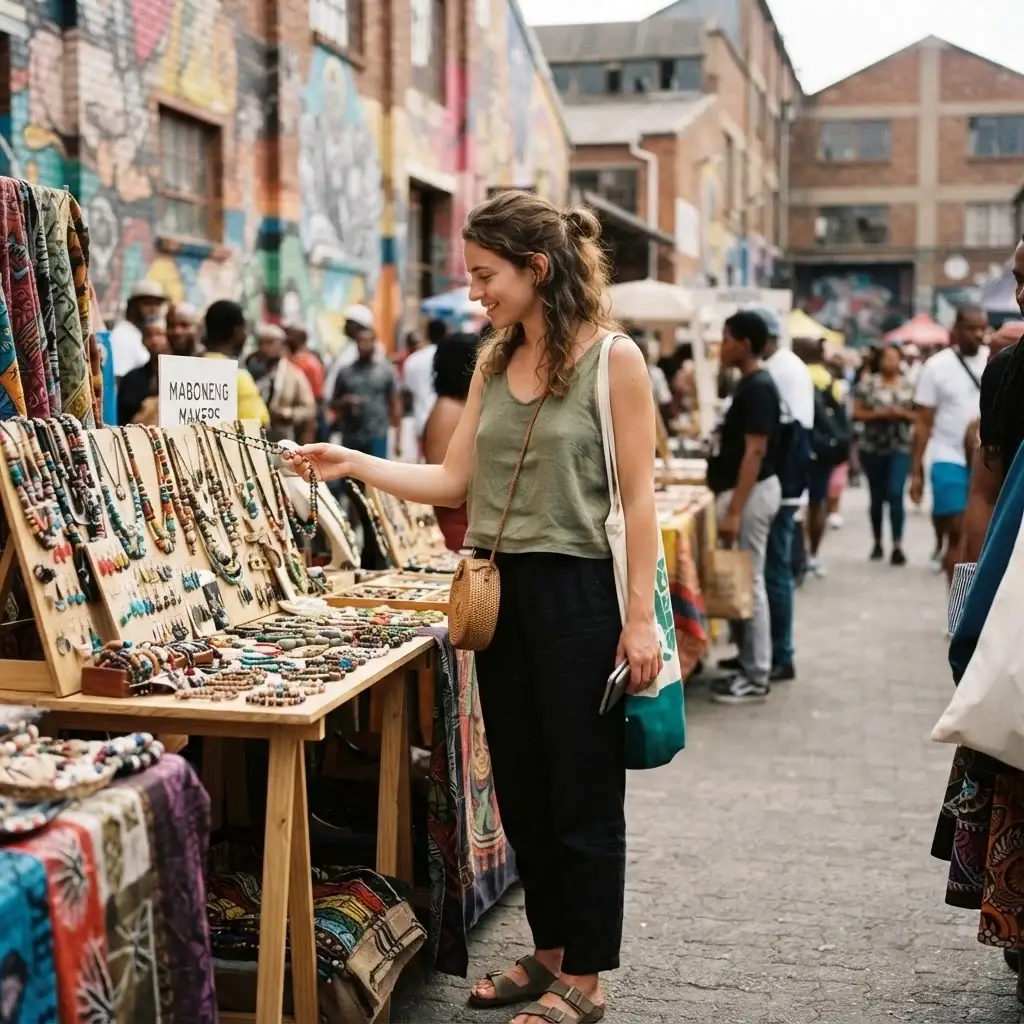 Solo traveler exploring vibrant street art and markets in the Maboneng Precinct, downtown Johannesburg, authentic cultural travel photography.