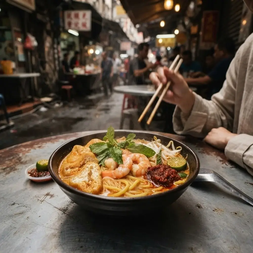 A first-person perspective shot of a steaming bowl of authentic Curry Laksa noodle soup on a simple table in Madras Lane, Chinatown, Kuala Lumpur, with a traveler's hands holding chopsticks.