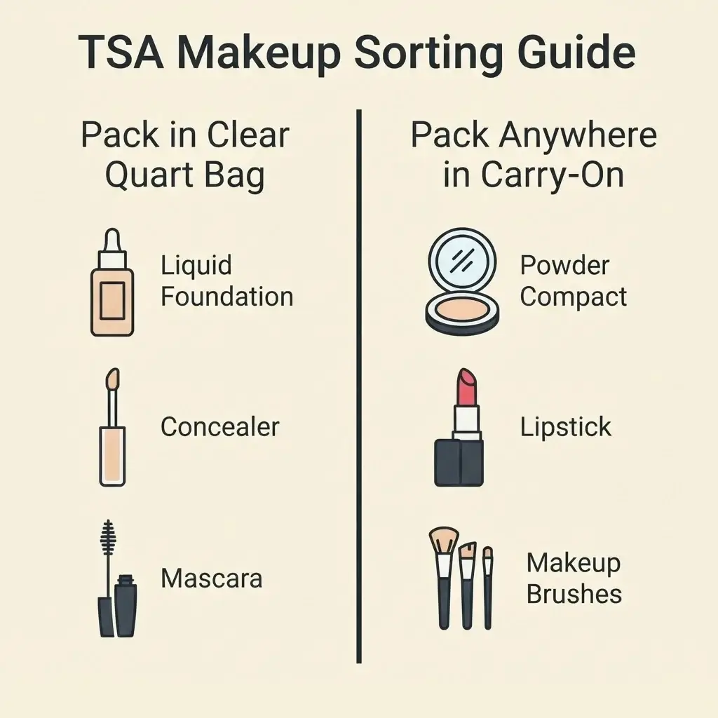 A minimalist multi-column chart contrasting liquid cosmetics like liquid foundation and mascara against unrestricted solid makeup like face powders, lipsticks, and brushes.