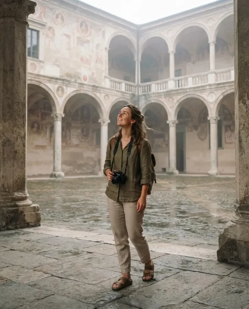 Solo traveler exploring the quiet courtyard of Palazzo Ducale in Mantua, Italy
