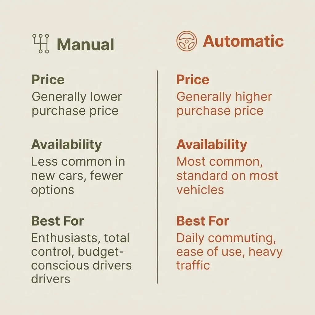 Comparison graphic of manual versus automatic rental cars in Europe showing price, availability, and best-for notes