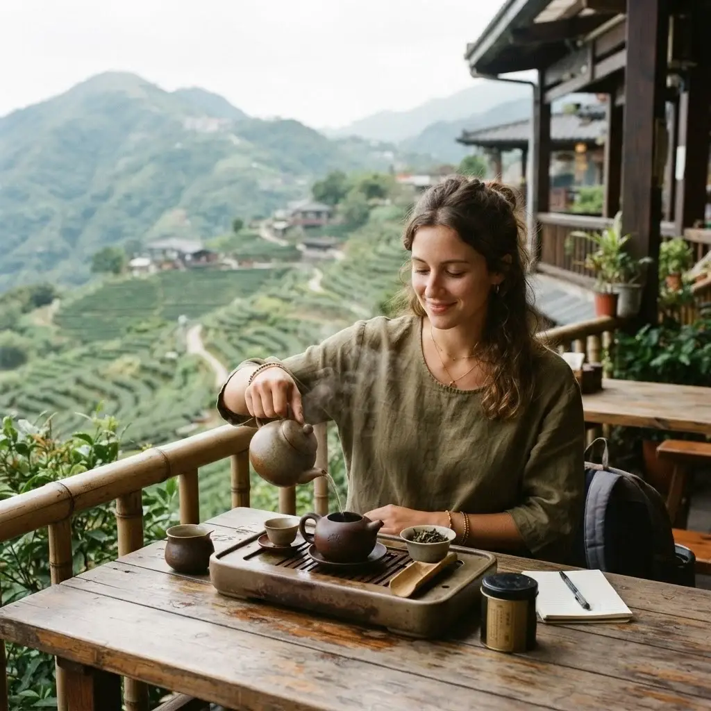 A solo female traveler in an olive-green linen shirt pouring traditional Oolong tea on a rustic wooden balcony overlooking the rolling green mountains of Maokong in Taipei.