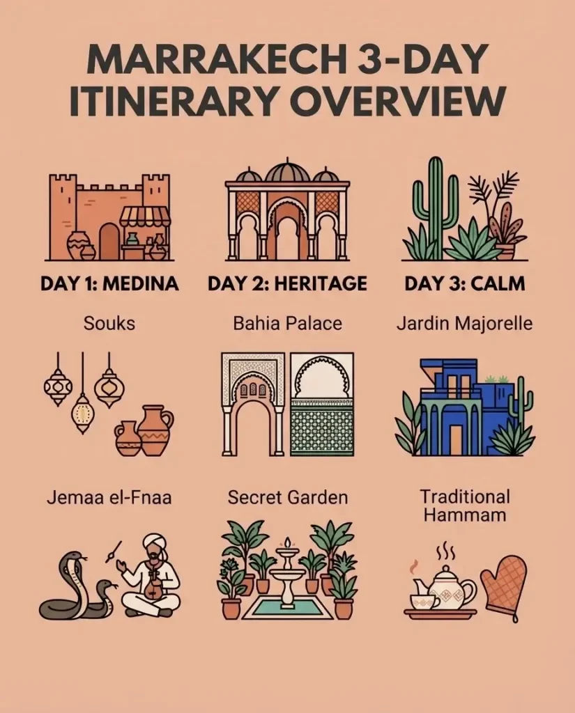 A clean, high-contrast flat vector infographic guide outlining a 3-day itinerary for Marrakech, showing Day 1 Medina & Souks, Day 2 Palaces & Secret Gardens, and Day 3 Modern Gueliz & Hammam.