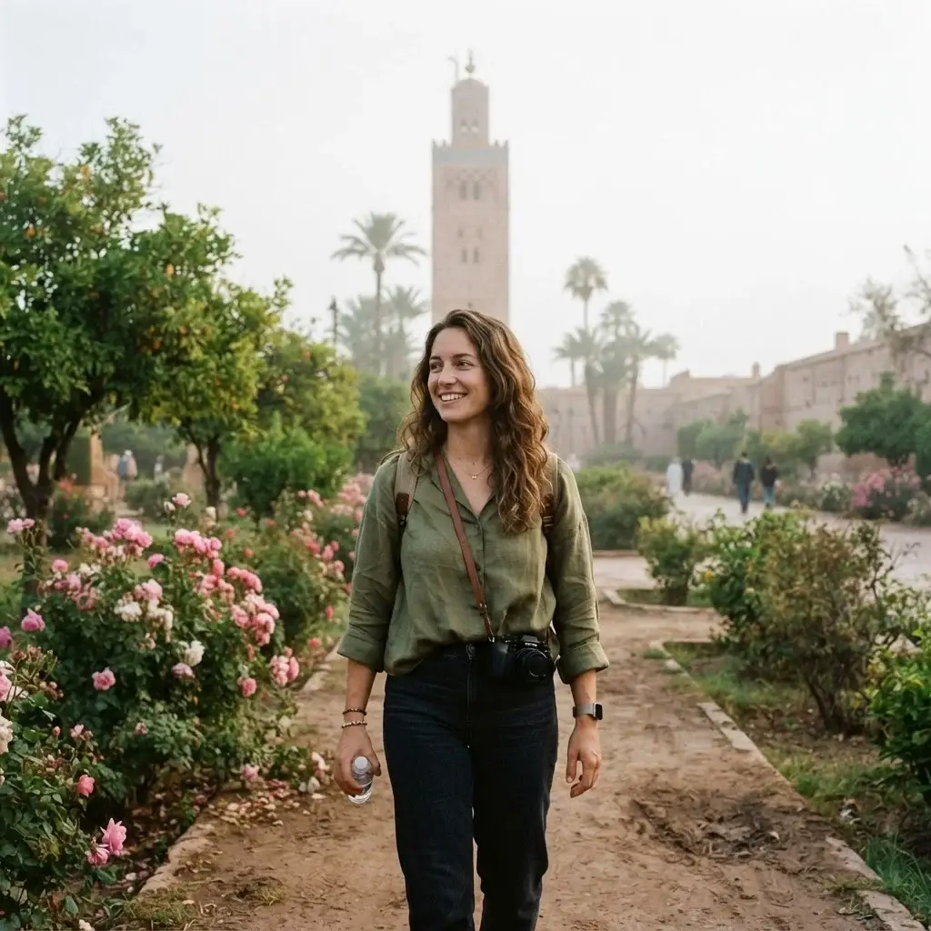 A candid eye-level shot of a young female solo traveler with natural brown hair, wearing a loose olive linen top, walking through the rose and orange tree paths of the Koutoubia Mosque gardens in Marrakech with a mirrorless camera over her shoulder.
