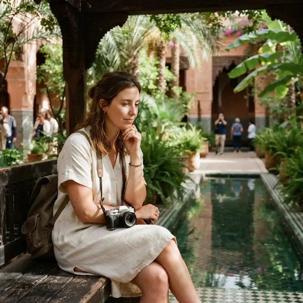 A young female solo traveler resting on a wooden bench under a shady pergola at Le Jardin Secret in Marrakech, looking down at a geometric stone water channel with a mirrorless camera resting in her lap.