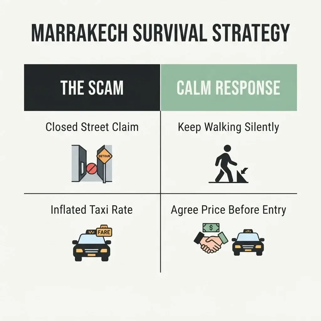A flat vector 1:1 infographic table comparing common Marrakech tourist scams like closed streets and overcharged taxis with simple, calm defensive actions.