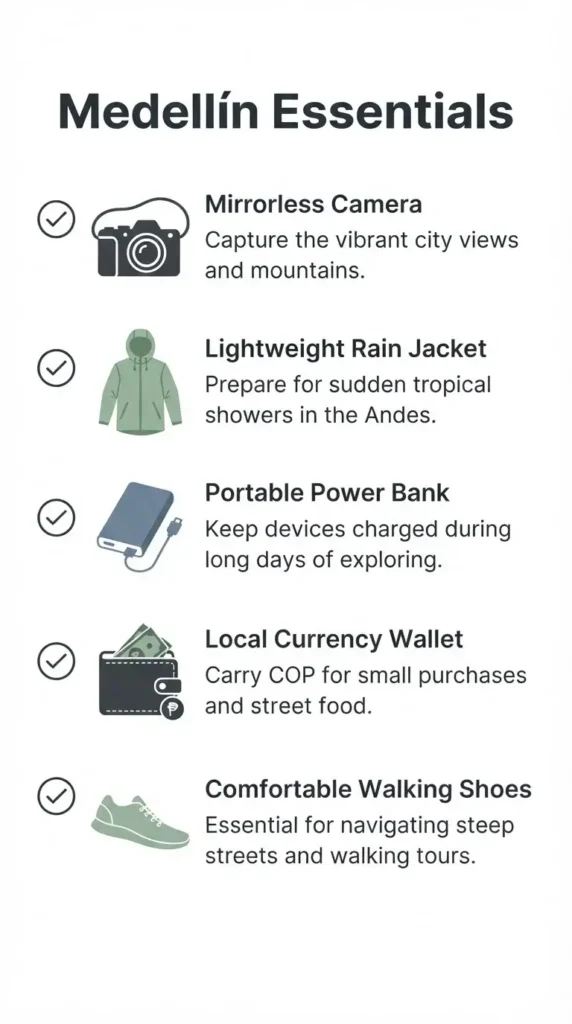 A minimalist checklist infographic for solo travel in Medellín, featuring essential items like a reusable water bottle, light rain jacket, camera, and a local currency pouch.