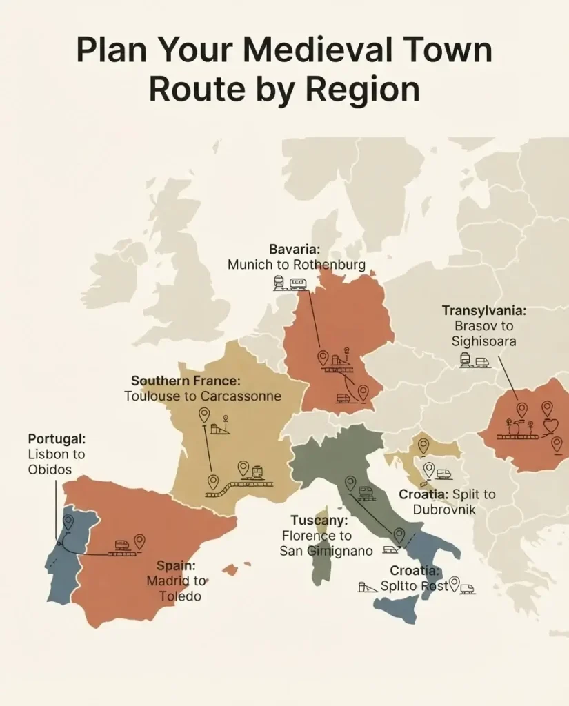 Flat vector map of Europe showing regional clusters for planning a medieval towns itinerary, including Bavaria, Southern France, Tuscany, Transylvania, Portugal, Spain, and Croatia