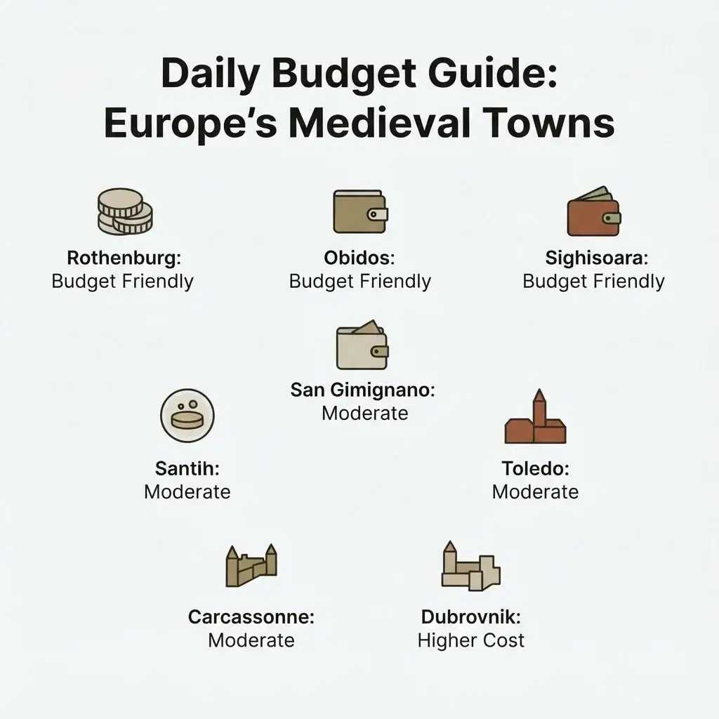 Flat vector infographic comparing average daily solo travel budgets across Europe's best medieval towns