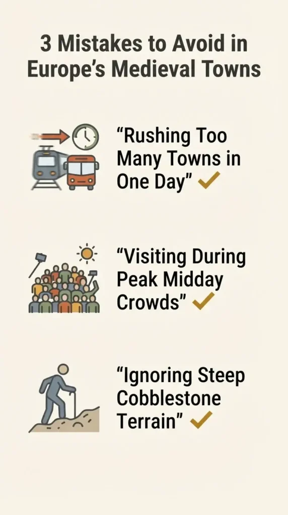 Flat vector checklist infographic listing three common mistakes travelers make visiting Europe's medieval towns