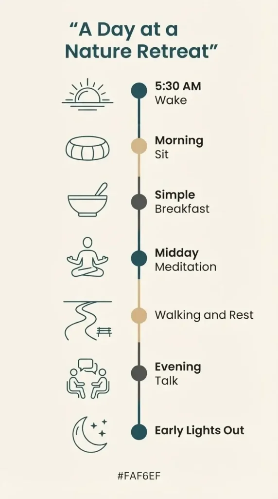 Vertical timeline diagram showing a typical meditation retreat daily schedule from early morning meditation to lights out