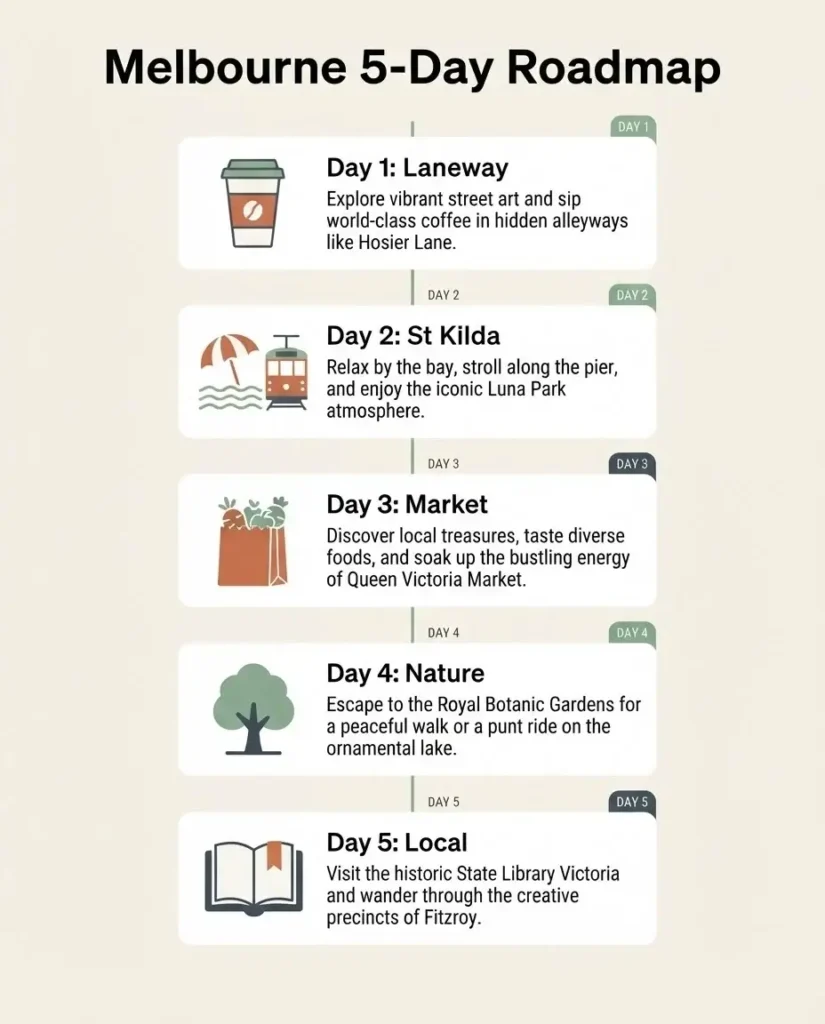 A vertical 5-day itinerary roadmap for Melbourne showing key daily themes like Laneways, St Kilda, Markets, Nature, and Local Suburbs.