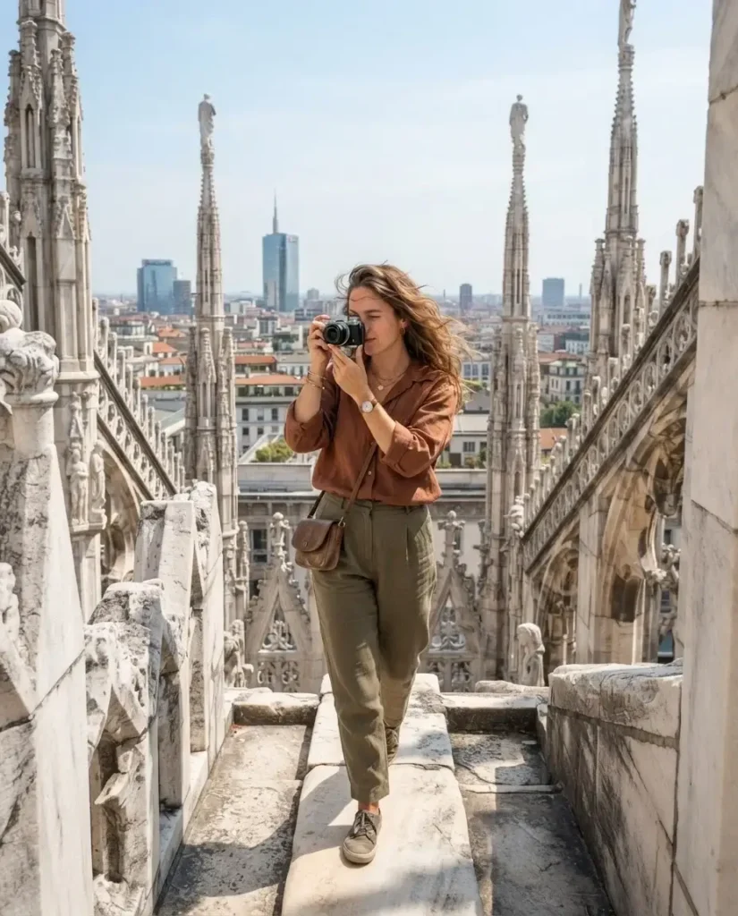 Solo female traveler standing among marble spires on the Milan Duomo rooftop terrace overlooking the city, Italy