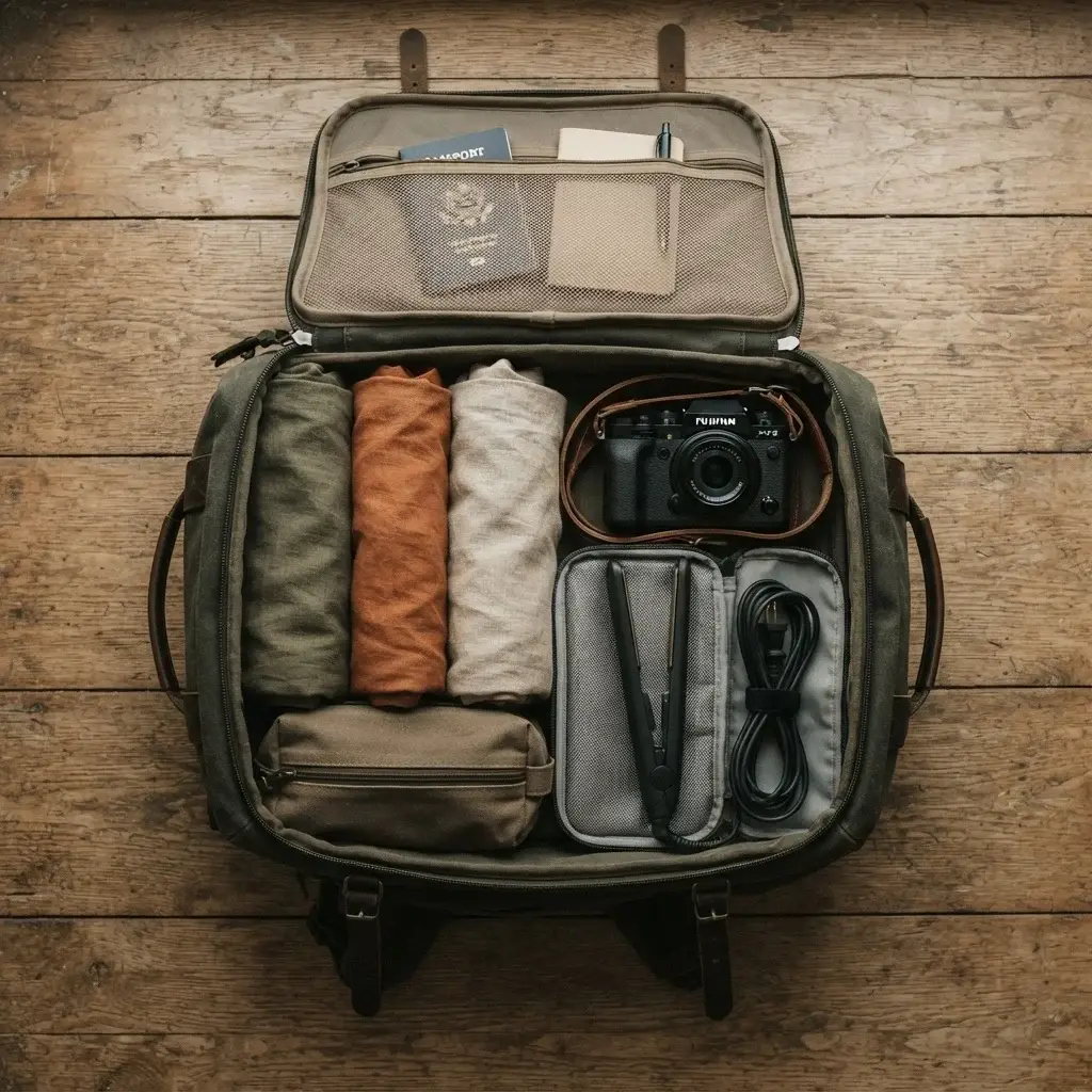 A top-down overhead shot of a clean, minimalist 40-liter travel backpack organized with rolled linen clothes, a mirrorless camera, and a neatly coiled dual-voltage hair tool inside a heat-resistant thermal sleeve.