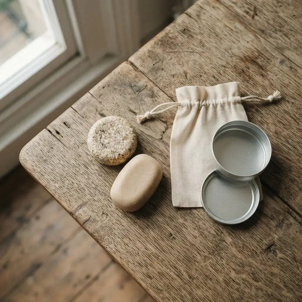 A flat lay photo of a solid shampoo bar and a conditioner bar resting next to a small linen drawstring bag and a sleek aluminum tin on a clean wooden table.