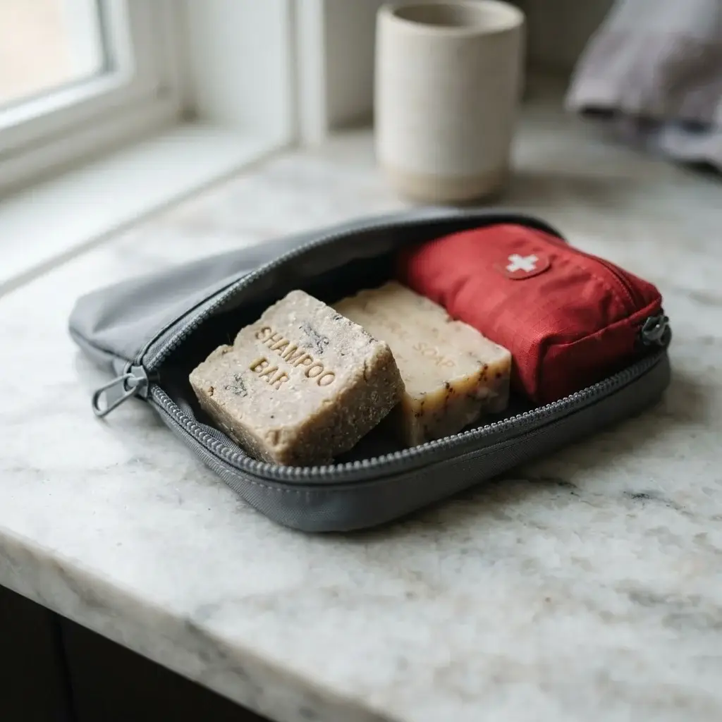 A close-up studio shot of a compact, water-resistant travel pouch displaying a solid shampoo bar, a small bar soap, and a minimalist fabric first-aid kit on a clean surface.