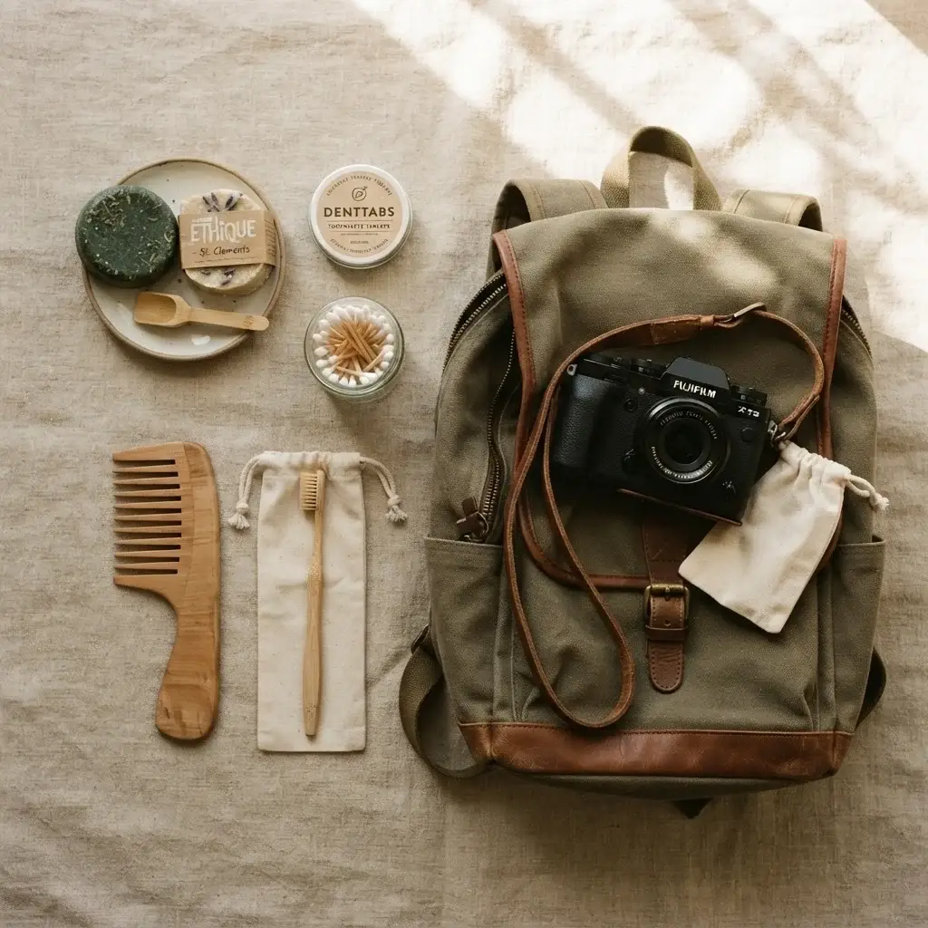 A flat lay image of a minimalist travel setup featuring eco-friendly solid shampoo bars, toothpaste tablets, and a mirrorless camera next to an earthy-toned travel backpack.