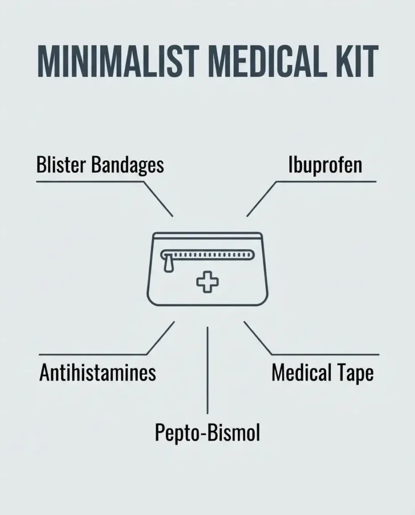 A flat vector comparison infographic titled "Minimalist Solo Medical Kit" outlining the five absolute medication essentials to pack.