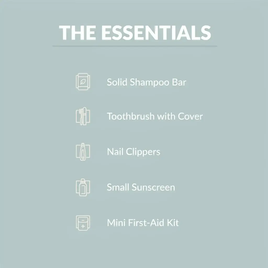 A minimalist vector checklist infographic outlining the essential packing list for a solo traveler's lightweight toiletry kit.