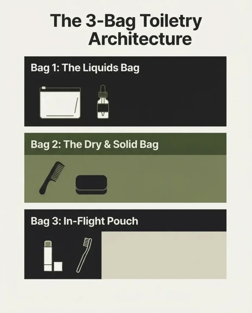 A clean 4:5 aspect ratio diagram illustrating the three-bag toiletry architecture system, breaking down the liquids bag, dry and solid bag, and the in-flight refresh pouch.