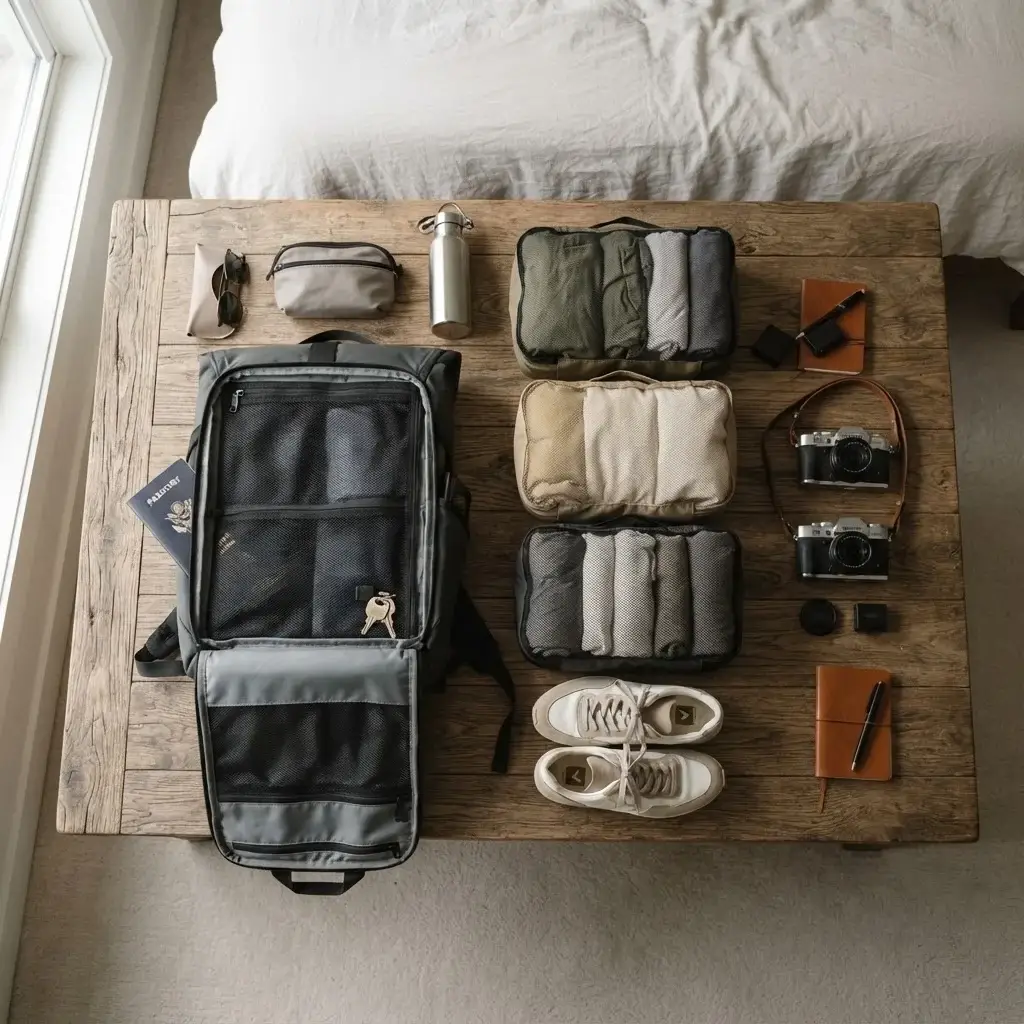 A flat-lay overview of a minimalist travel capsule wardrobe neatly organized into mesh compression packing cubes next to a sleek 40-liter carry-on travel backpack.