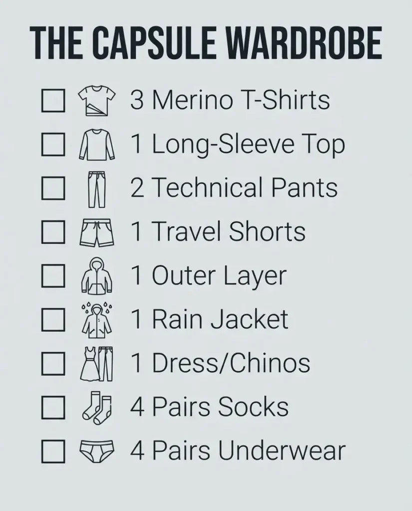 A vertical layout packing checklist showcasing a minimalist 12-piece travel capsule wardrobe with simple line-art apparel icons and clean text checkboxes.