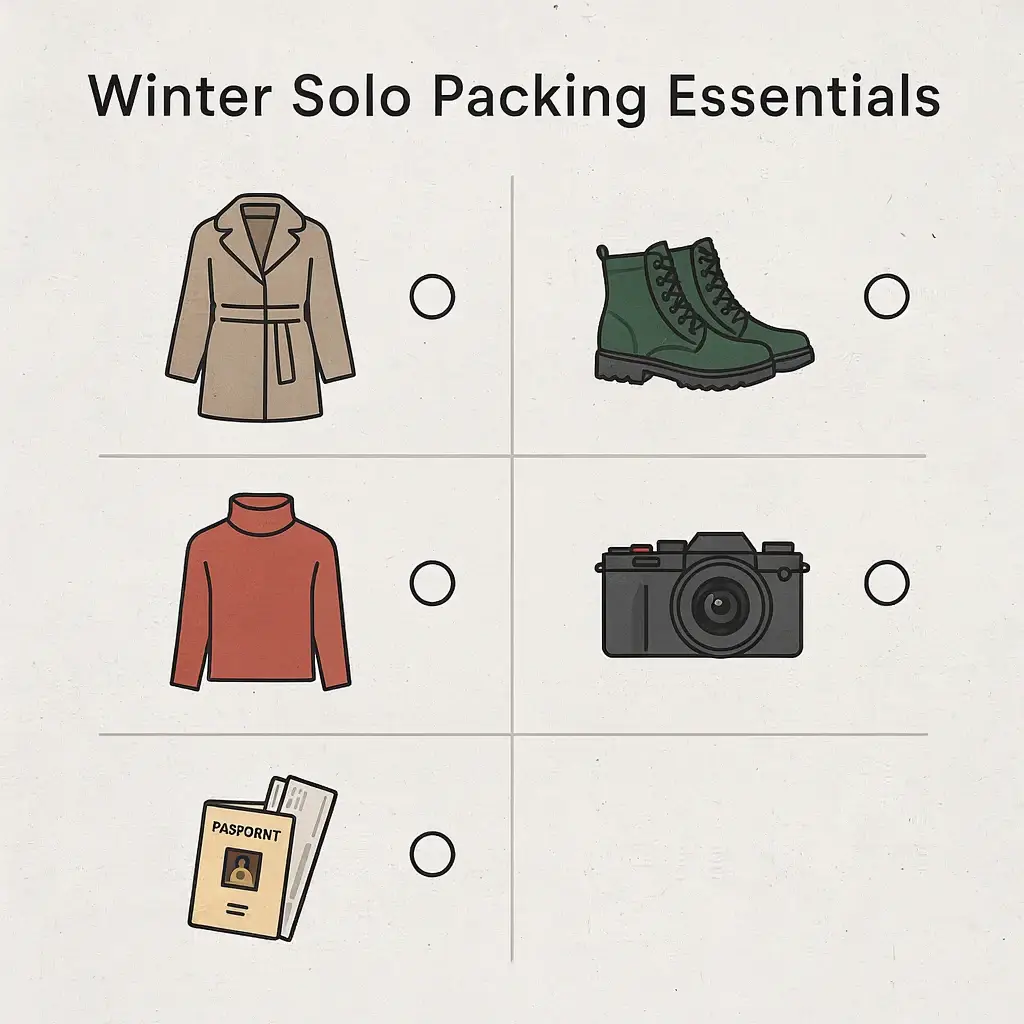 A clean, flat-vector checklist of essential winter packing items for a solo traveler, emphasizing quality over quantity.