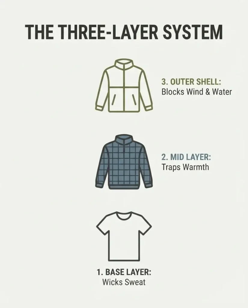 A flat vector infographic detailing the three-layer adventure clothing system, showing a base layer shirt for moisture wicking, a mid-layer grid fleece for insulation, and an outer shell rain jacket for weather protection.
