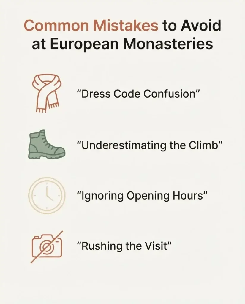 Infographic checklist of common mistakes to avoid when visiting monasteries in Europe