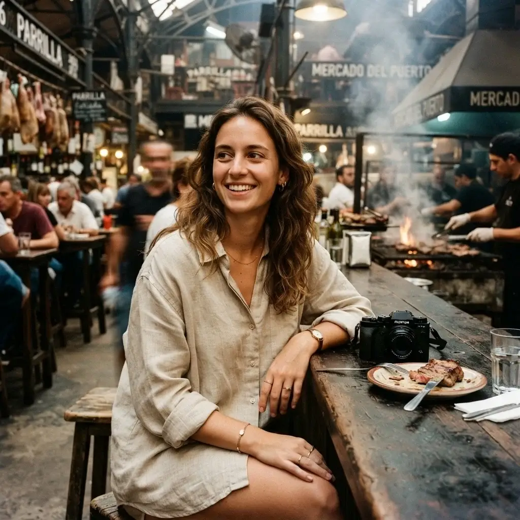 Emma Collins dining solo at the historic Mercado del Puerto in Montevideo, Uruguay, surrounded by authentic brick-walled architecture and traditional barbecue grills.