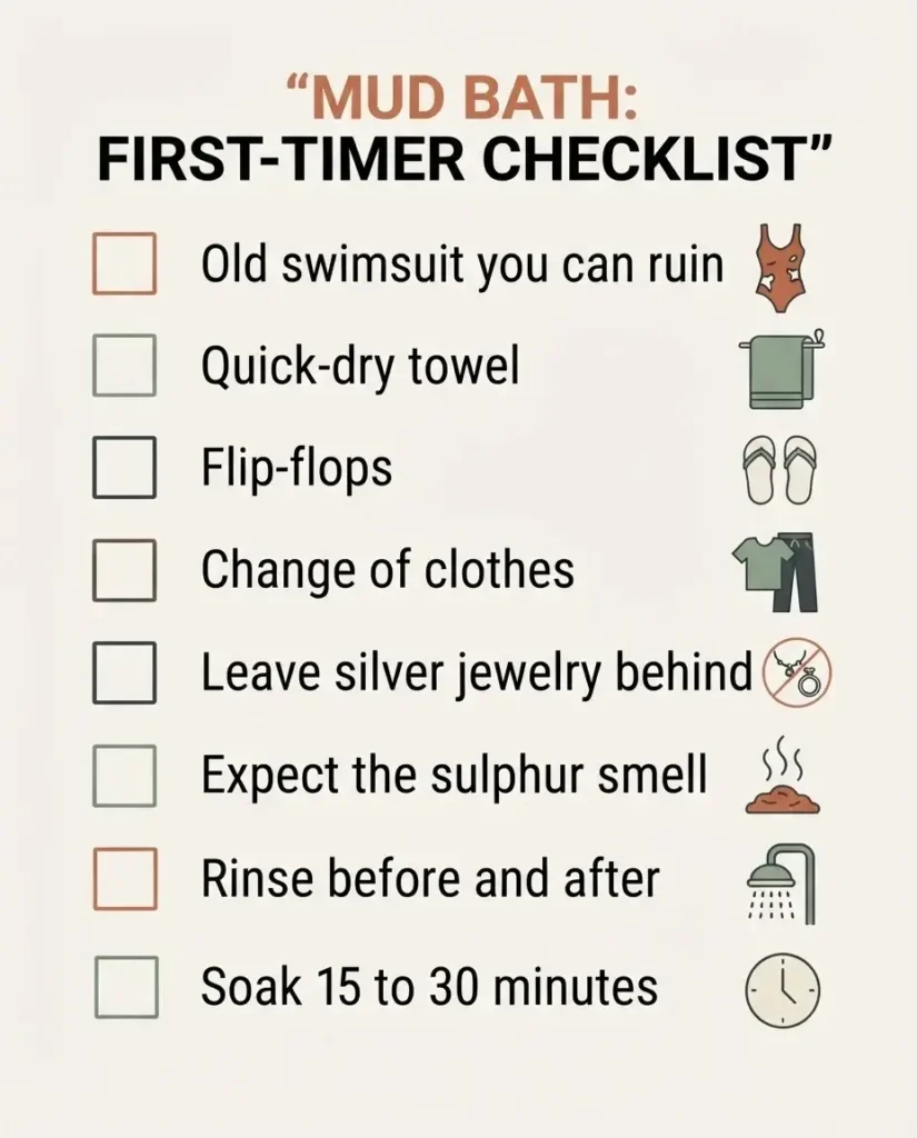 Flat vector checklist infographic of what to pack and expect for a first mud bath in Europe