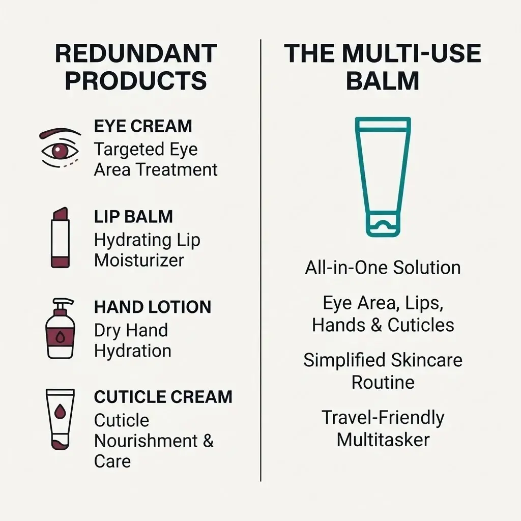 A flat vector comparison table layout contrasting a heavy multi-use balm against four traditional single-use cosmetic products it successfully replaces.
