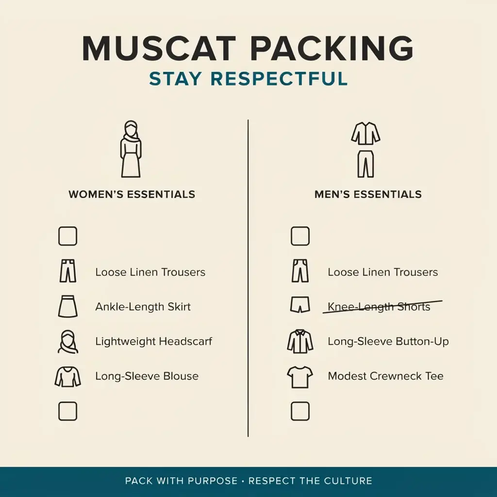 A minimalist checklist infographic for solo travelers to Muscat, highlighting modest clothing requirements for women and men, including scarves and breathable linen tips.
