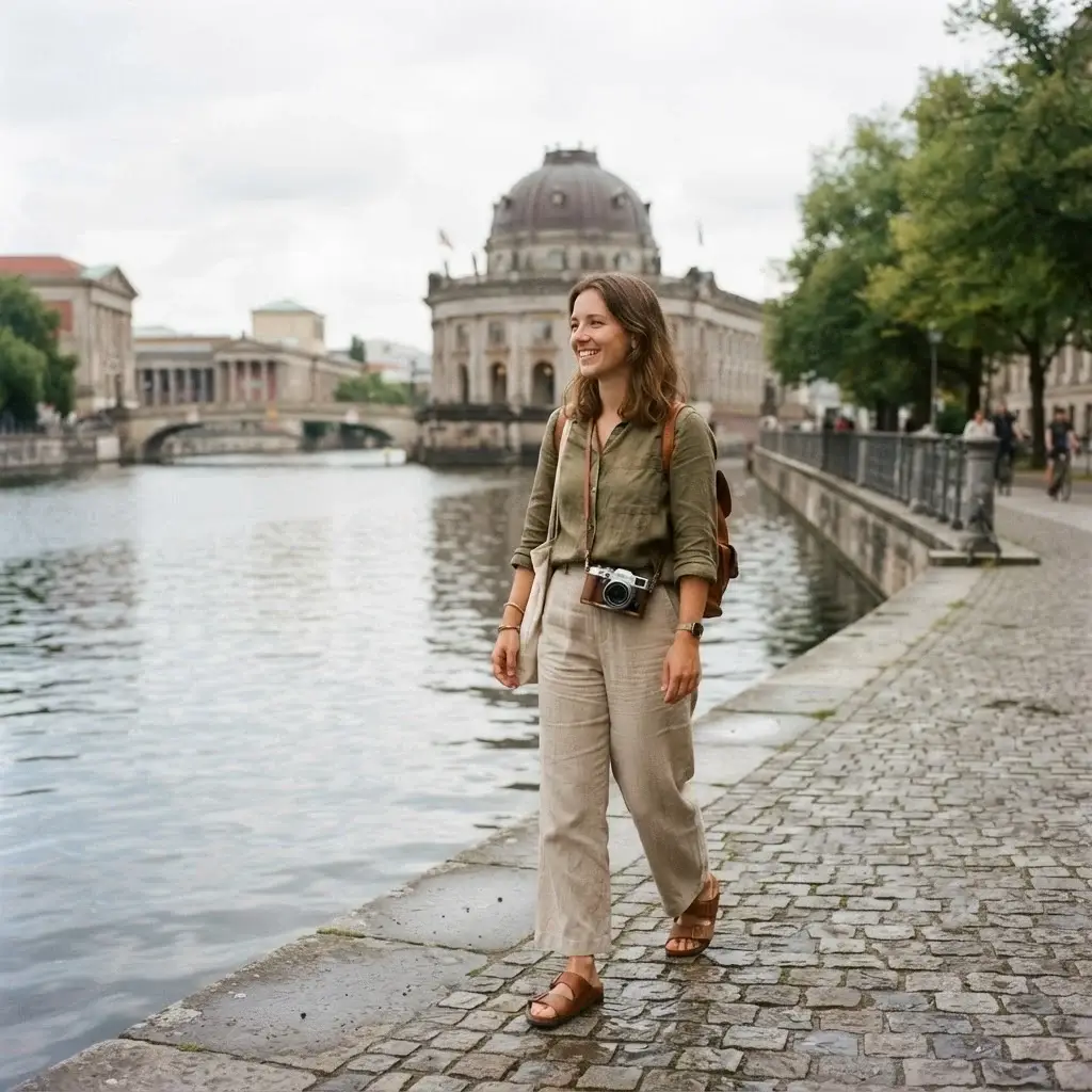 Solo traveler with a mirrorless camera walking along the Spree River near Museum Island in Berlin, a UNESCO World Heritage site for art lovers.