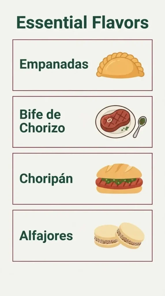 A vertical guide infographic featuring minimalist icons of four essential Argentine foods: Empanadas, Bife de Chorizo, Choripán, and Alfajores.