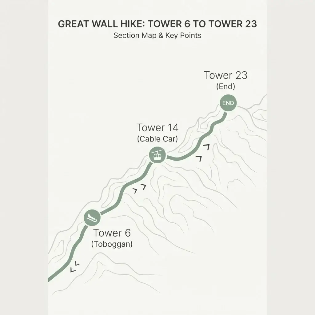 A simplified vector route map of the Mutianyu section of the Great Wall, showing key points from Tower 6 up to Tower 23.